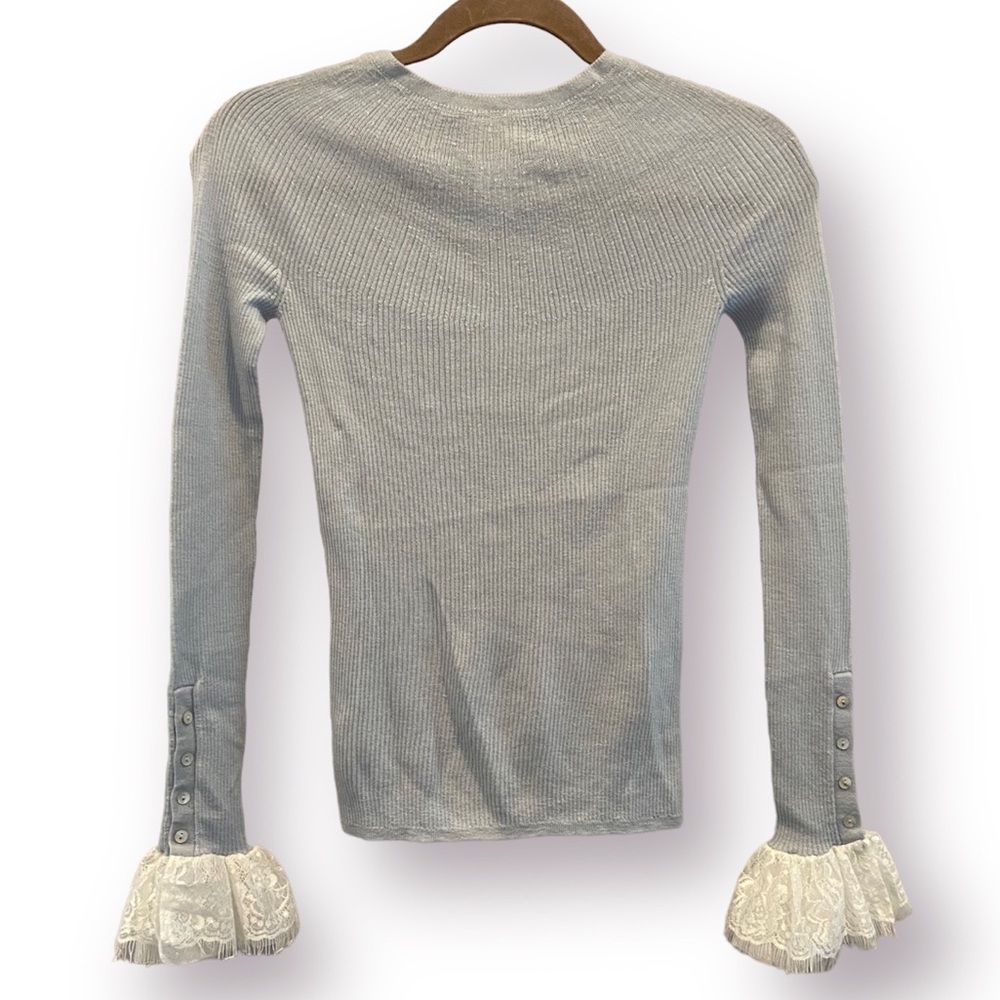 GoAloneWithALU Wool Ribbed Sweater Lace Cuffs Pale Blue Small